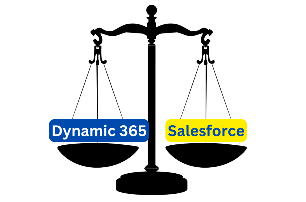 Scale comparing Dynamics 365 vs Salesforce, weighing the differences in features, storage costs, and CRM investment.